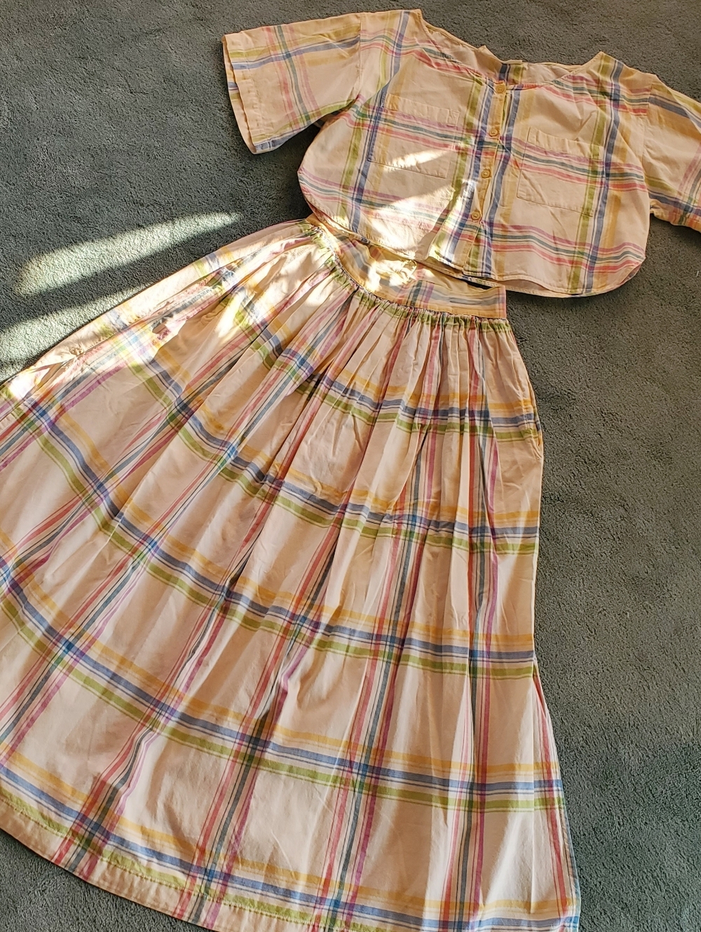 Esprit Pastel Plaid Midi Skirt in Cream and Multicolor Stripes